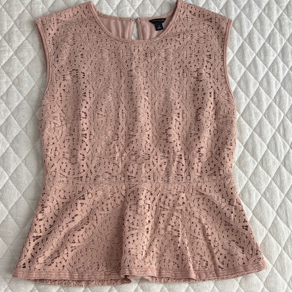 Ann Taylor Elegant Lace Sleeveless Peplum Top - Pink